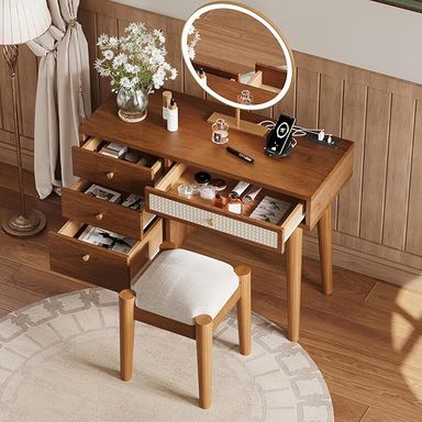 Amazon.com: Bohemian Style Retro Wooden Makeup Vanity Set with Charging Plug & USB Port and Stool, Dressing Table with 3 Storage Drawers and 1 Rectangular Rattan Drawer, 39" Makeup Vanity Desk for Bedroom, Walnut : Home & Kitchen