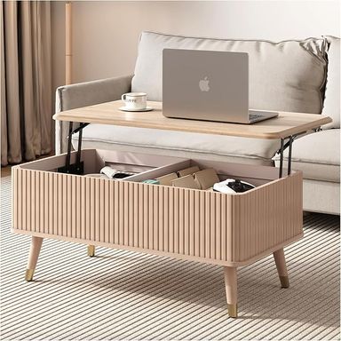 Amazon.com: JOINICE, Lift Top Coffee Table with Storage Shelf & Hidden Compartment, Mid Century Modern Fluted Rectangle Center Table for Living Room, Home Office, Natural Oak : Home & Kitchen