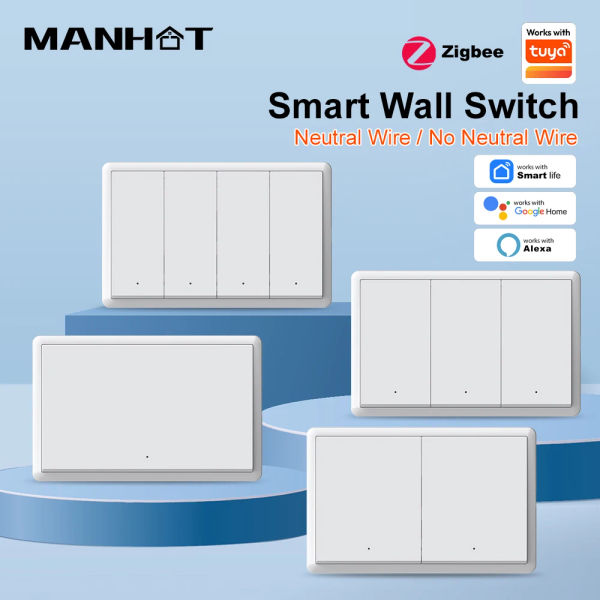 MANHOT ZigBee3.0 Smart Switch No Neutral Wire Intelligent US Wall Button Light Switch APP Voice Control With Tuya Alexa