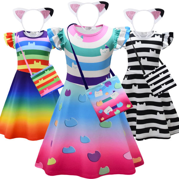 Gabby Doll Dress Up Costume Summer Girls Dollhouse Rainbow Striped Flying Sleeve Frocks Kids Casual Cute Princess Outfits
