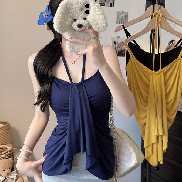 korean Sexy simple blouse Women Summer fashion slim halter tops waist cover belly camis tanks tops lady