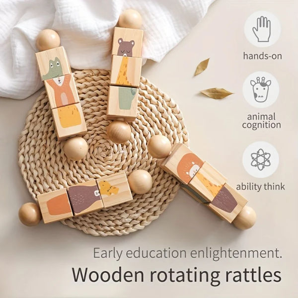 1pc Colorful Educational Wooden Animal Shape - Matching Toy with Rotating Rattles – Hand-Eye Coordination