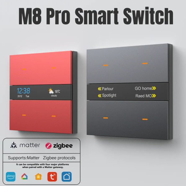 M8Pro Tuya Smart Switch & Zigbee 3.0 Hub: HD Weather/Clock, 4 Programmable Keys, Multi-Device Control