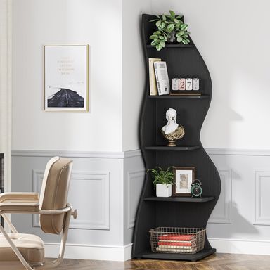 Corner Shelf Bookcase Bookshelf with Unique Shape for Living Room, Home Office