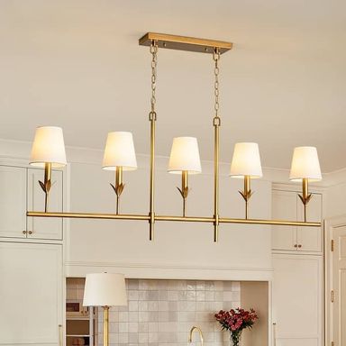 Mid-Century 5-Light Candle White Fabric Linear Island Pendant