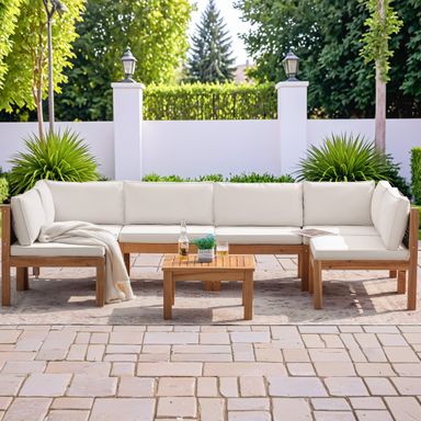 Furniwell 7-Piece Outdoor Patio Furniture Sets Sectional Sofa Set Acacia Wood Set with Table , Rattan sofa set