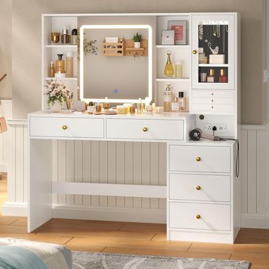 Vanity Desk with Sliding Mirror & Jewelry Organizer 5 Drawers