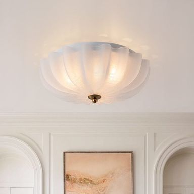 French Textured Frosted White Glass Scalloped Round Ceiling Light