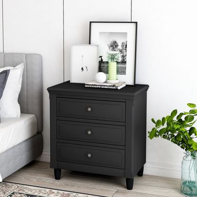 Black 3-Drawer Solid Wood Nightstand End Table for Bedroom Living Room