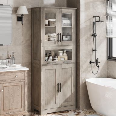 Tall Bathroom Cabinet,Kitchen Pantry Cabinet with Glass Doors and Adjustable Shelf,Storage Cabinet for Laundry,Living Room,White