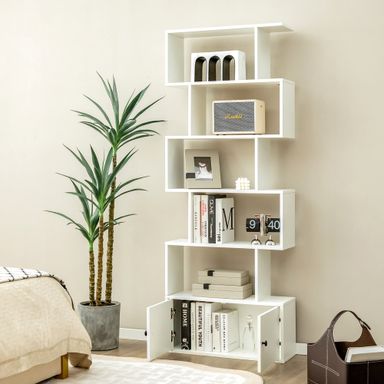 6-Tier Bookshelf S-Shaped Bookcase Storage Rack Rustic Brown/White