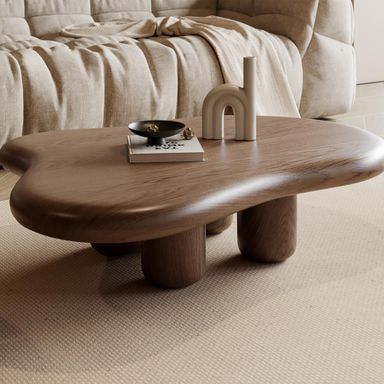 48.4inch Modern Walnut Cloud Shaped Coffee Table, Mid-Century Brown Solid Wood Coffee Table for Livingroom - 48"