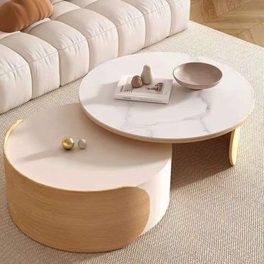Modern Round Coffee table, Stone Table-top, Natural Wood - 50" x 31.5"