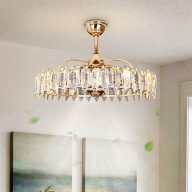 Crystal Chandelier Ceiling Fan, Gold Caged Ceiling Fan with Light Reversible DC Motor for Bedroom Kid's Room