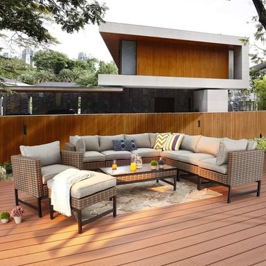 Patio Festival Right-Angle 10-piece Wicker Outdoor Conversation Set