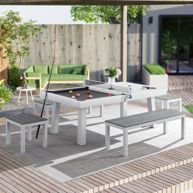 Newport Outdoor Patio 7ft Slate Pool Table 6-Seater Dining Set with 4 Benches & Accessories, White Finish