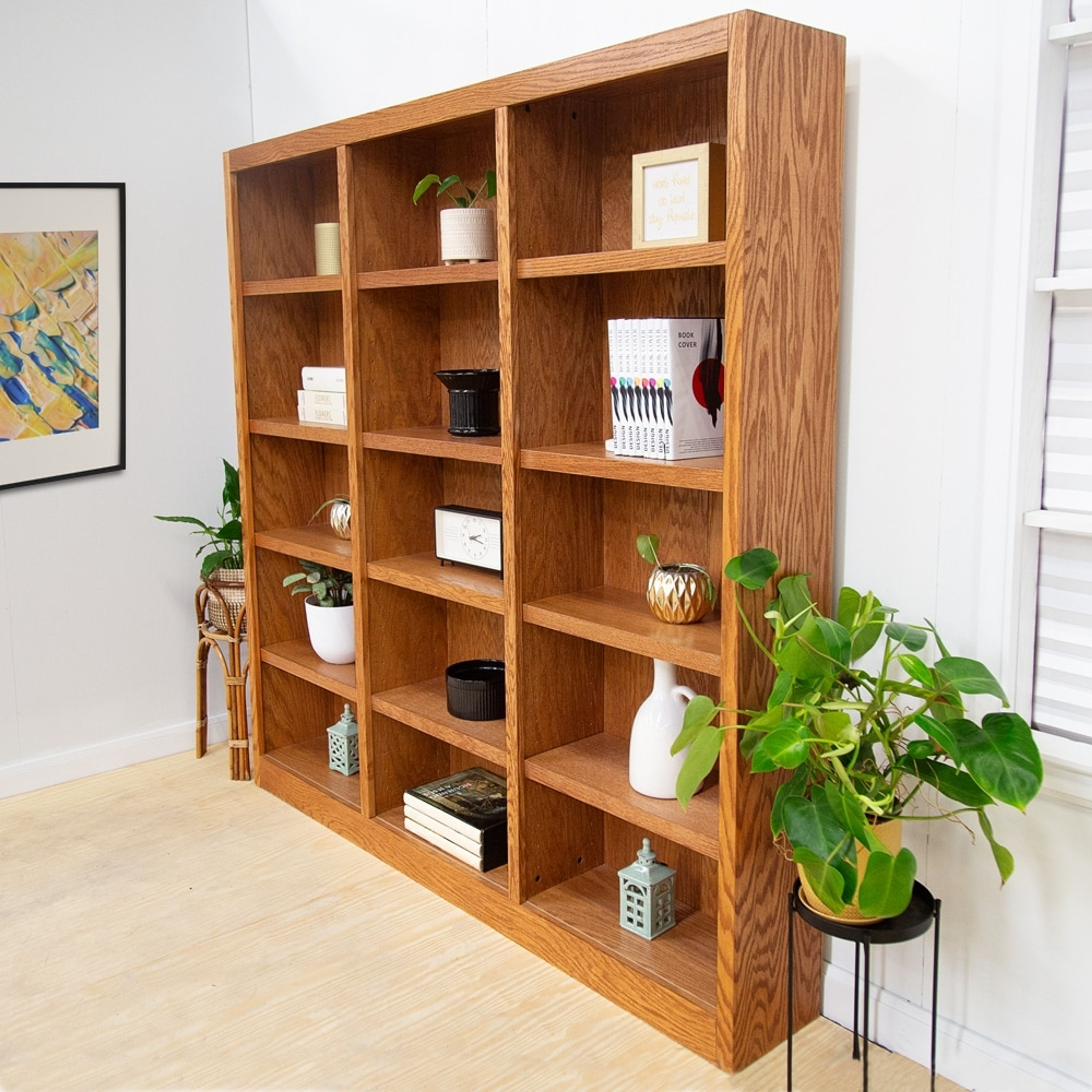72-Inch Triple Wide Wood Bookcase with 15 Shelves - Cherry Finish