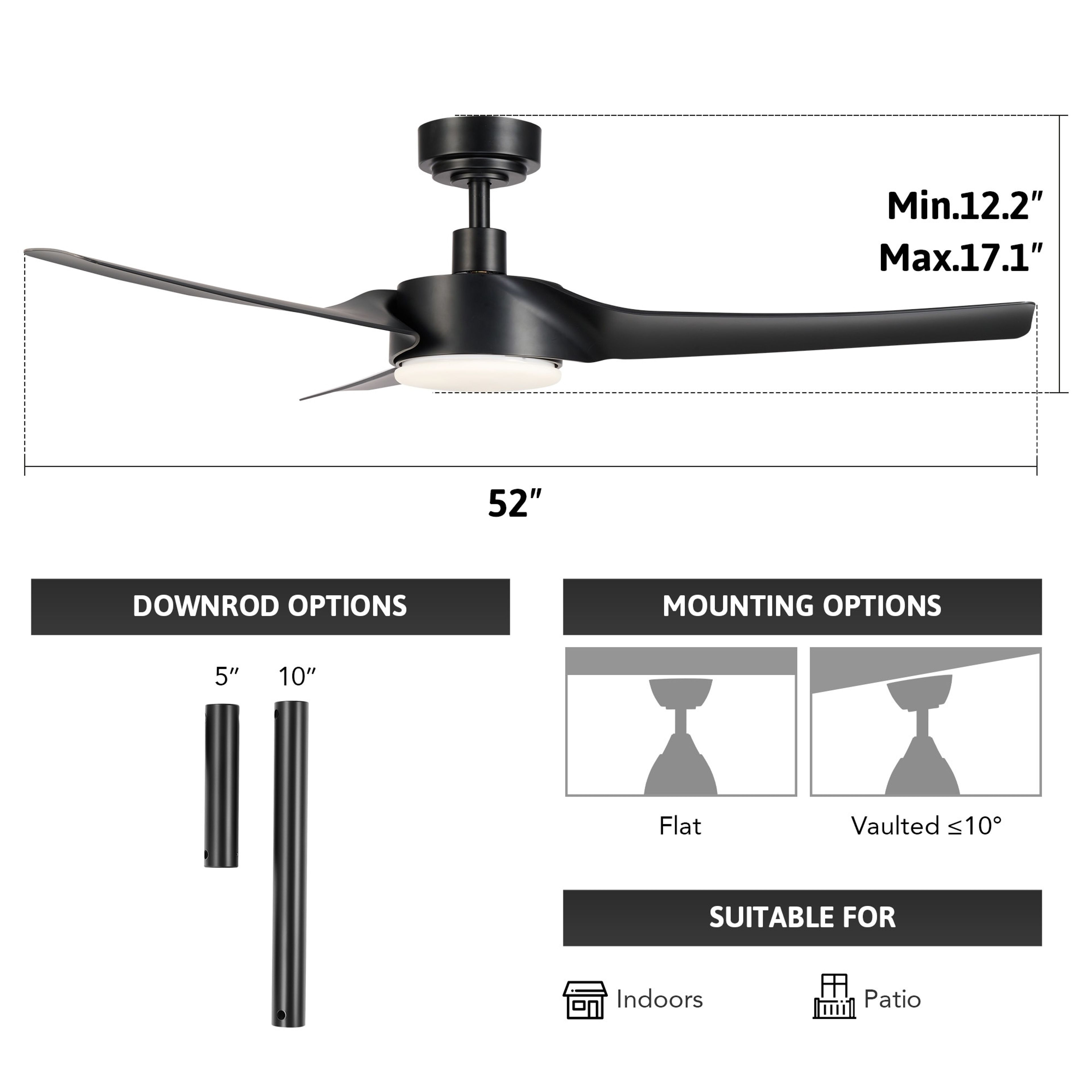 CO-Z 52" 3 Blade Modern LED Smart Ceiling Fan with Dimmable Light and Remote
