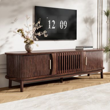 Modern Dark Brown TV Stand for 75" TVs,Solid Wood TV Console with Storage Cabinet,Entertainment Center