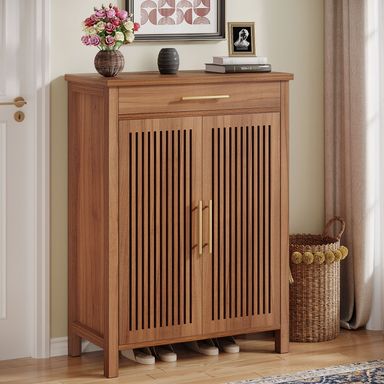 Shoe Cabinet with Louvered Doors & Drawer, Freestanding Wooden Shoe Rack for Entryway