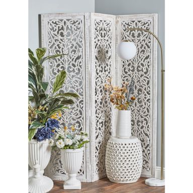 White Wooden Handmade Hinged Foldable Partition 3 Panel Floral Partition Room Divider Screen with Intricate Carved Design