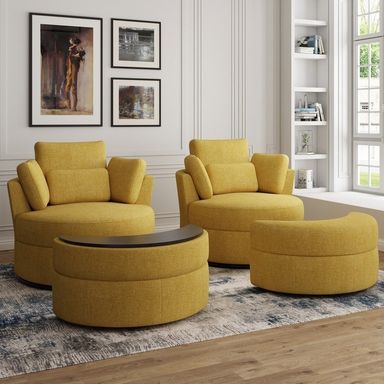 Chenille/Boucle Swivel Barrel Chair with Storage Ottoman