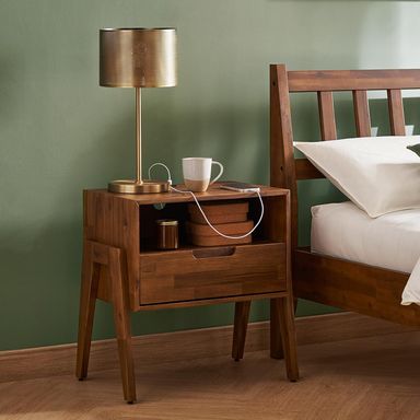 Mopio Ted Solid Wood Night Stand with Charging Station, Mid Century Modern Nightstand, Small Side Table