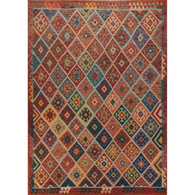 Geometric Kilim Oriental Area Rug Tribal Hand-Woven Wool Carpet - 8&apos;0x 11&apos;2