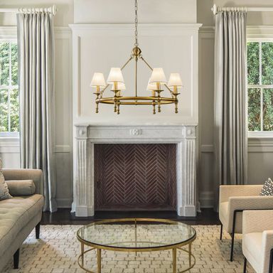 Vintage Brass Chandelier 6-Light Classic Pendant Fixture with White Shades for Elegant Interior Lighting - W33.5''