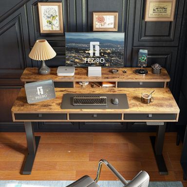 FEZIBO Height Adjustable Electric Standing Desk with 5 Drawers, Table with Storage Shelf, Sit Stand Desk