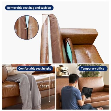 Mid-Century Modern Brown Faux Leather Sofa – 3-Seater Upholstered Couch with Bolster Pillows, Tufted Seat, and Solid Wood Frame