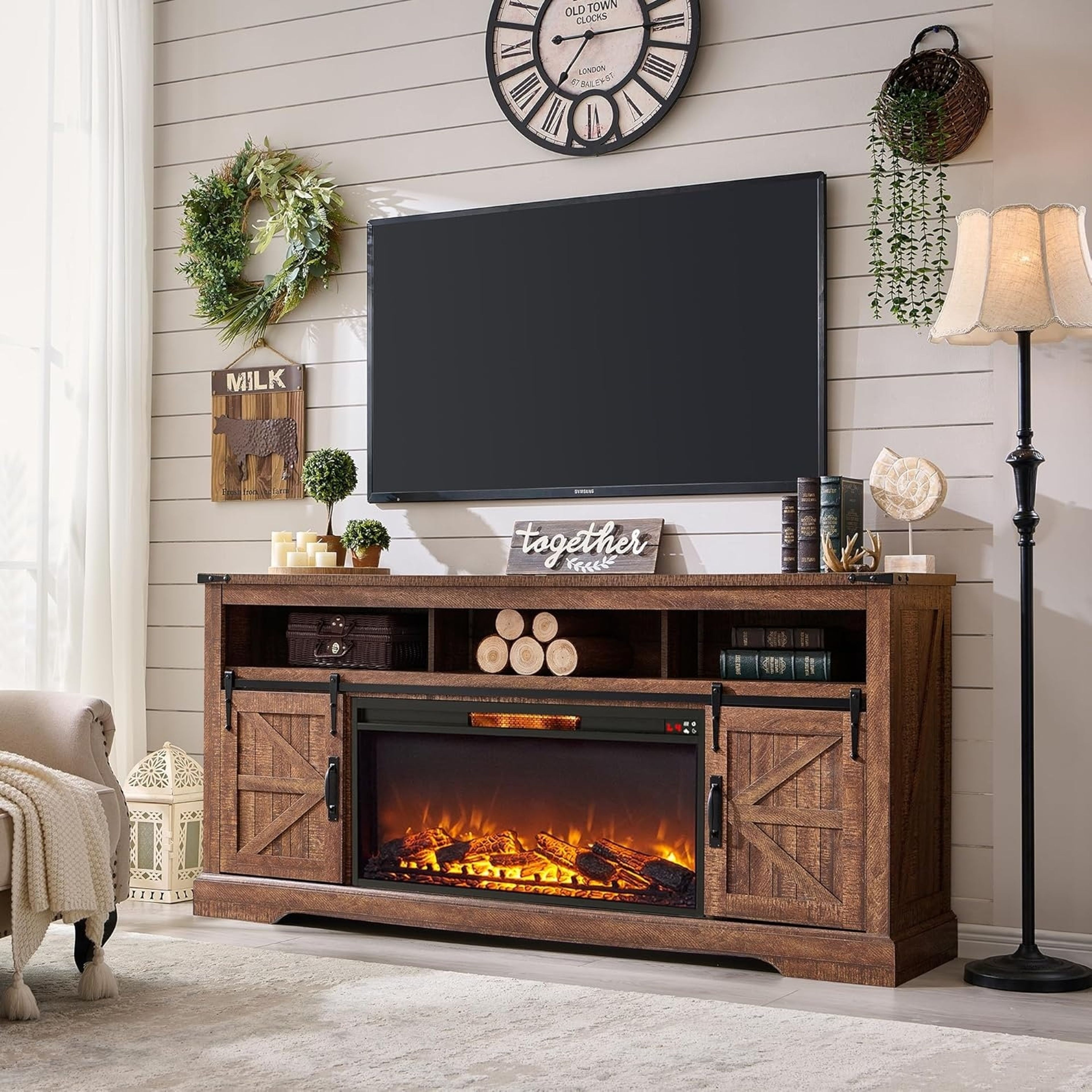 Rustic Farmhouse Electric Fireplace TV Stand for 80" TVs