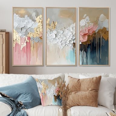 White And Gold Brushstroke Abstract Painting III - Abstract Collages Wall Art Set of 3 - Modern Framed Canvas Wall Art