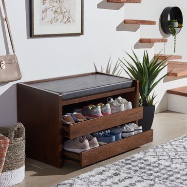 SAFAVIEH Percy Shoe Storage Bench -White / Grey - 33.8" x 17.5" x 20.6" - 33.8" x 17.5" x 20.6"
