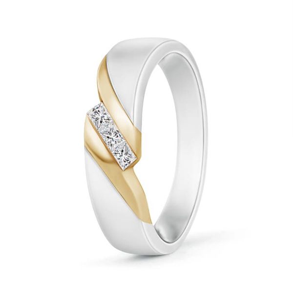 Angara 0.3 Carat Two Tone Diagonal Channel Diamond 3 Stone Ring for Him in 14K White & Yellow Gold