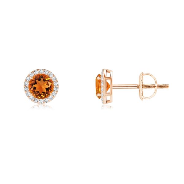 Angara 0.46 Carat Vintage-Inspired Round Citrine Halo Stud Earrings in 14K Rose Gold