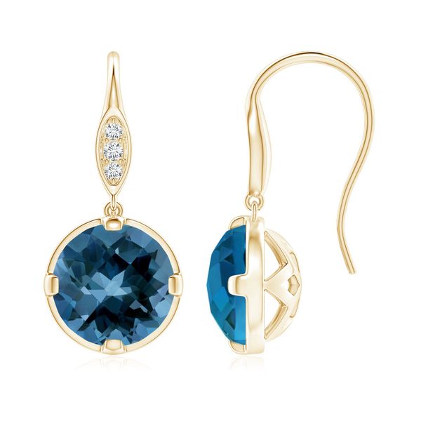 Angara 4.9 Carats London Blue Topaz Fish Hook Earrings with Diamond Accents in 14K Yellow Gold