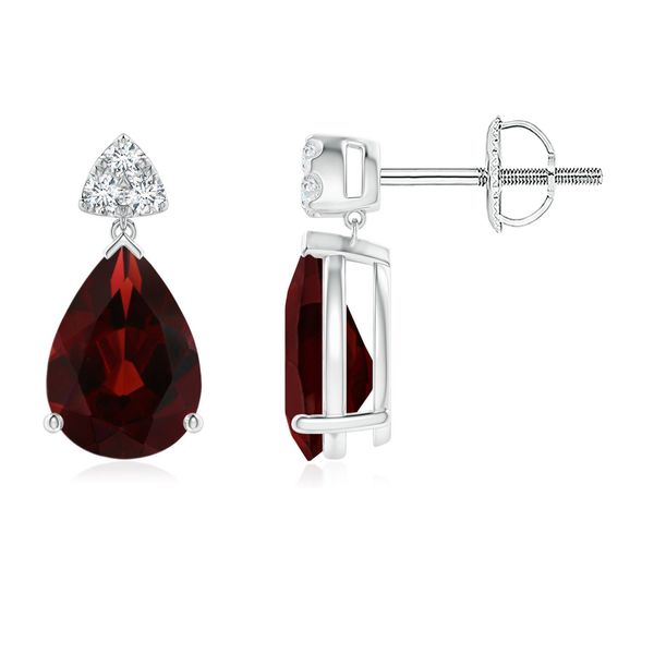 Angara 2.6 Carats Pear-Shaped Garnet Drop Earrings with Trio Diamonds in 14K White Gold