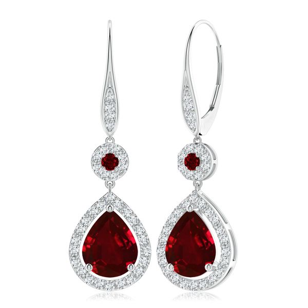 Angara 5.4 Carats Round and Pear Ruby Halo Leverback Earrings in 18K White Gold
