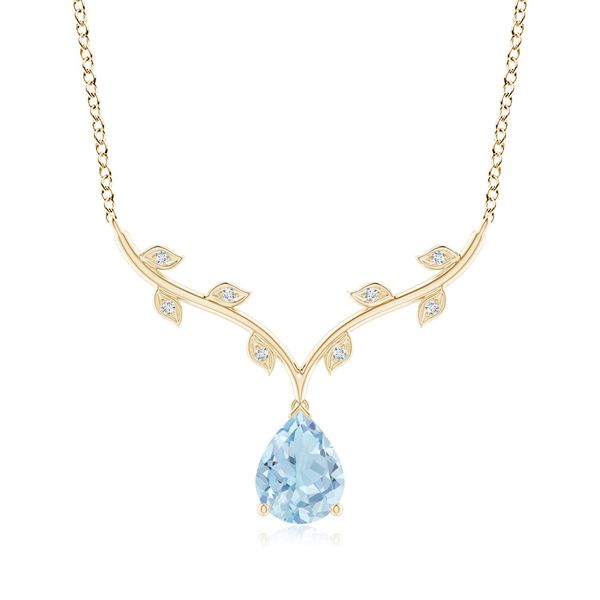 Angara 1.12 Carats Pear-Shaped Aquamarine Necklace with Leaf Motifs in 18K Yellow Gold