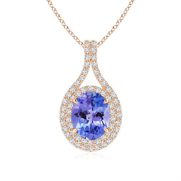 Angara 1.9 Carats Oval Tanzanite Double Halo Loop Pendant in 18K Rose Gold