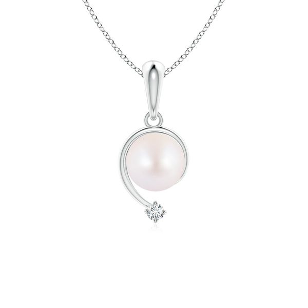 Angara 6mm Japanese Akoya Pearl and Diamond Swirl Pendant in Platinum