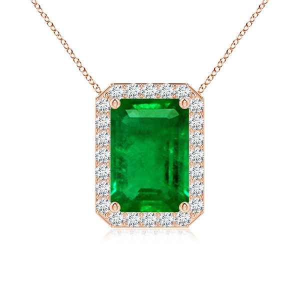 Angara 2.85 Carats Vintage Inspired Emerald-Cut Emerald Halo Pendant in 14K Rose Gold