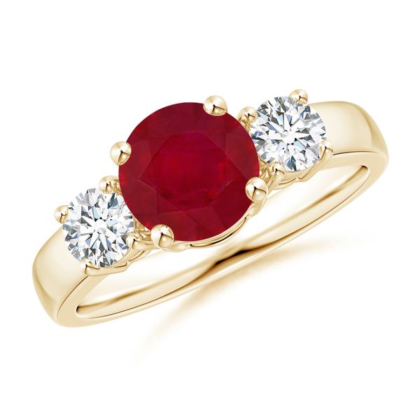 Angara 1.4 Carats Classic Round Ruby and Diamond Three Stone Engagement Ring in 14K Yellow Gold