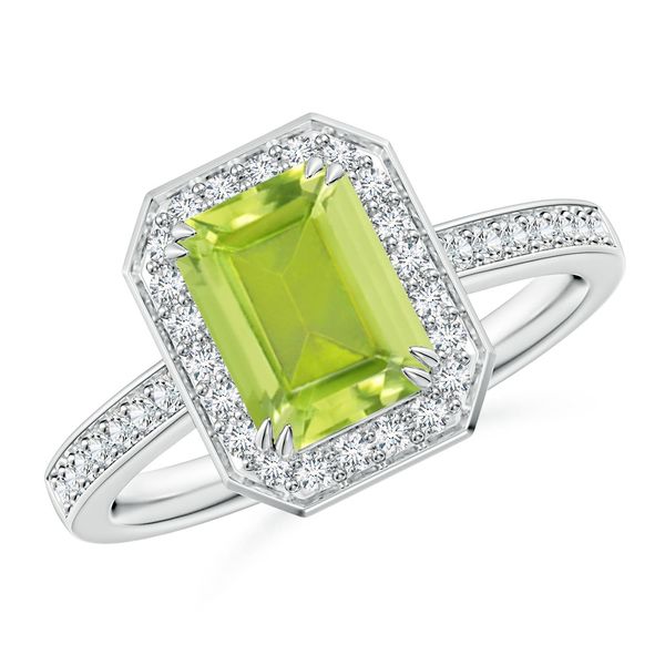 Angara 1.6 Carats Emerald-Cut Peridot Engagement Ring with Diamond Halo in Platinum