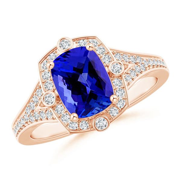 Angara 1.6 Carats Art Deco Inspired Cushion Tanzanite Ring with Diamond Halo in 14K Rose Gold