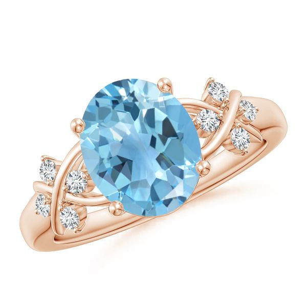 Angara 3.25 Carats Solitaire Oval Swiss Blue Topaz Criss Cross Ring with Diamonds in 14K Rose Gold