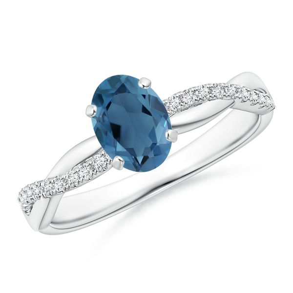 Angara 0.95 Carat Oval London Blue Topaz Twist Shank Ring with Diamonds in 18K White Gold