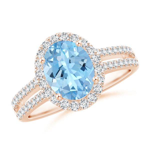 Angara 1.5 Carats Oval Aquamarine Split Shank Halo Ring with Diamonds in 14K Rose Gold