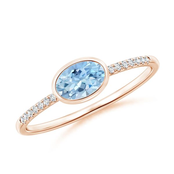 Angara 0.4 Carat East-West Bezel-Set Oval Aquamarine and Diamond Ring in 14K Rose Gold